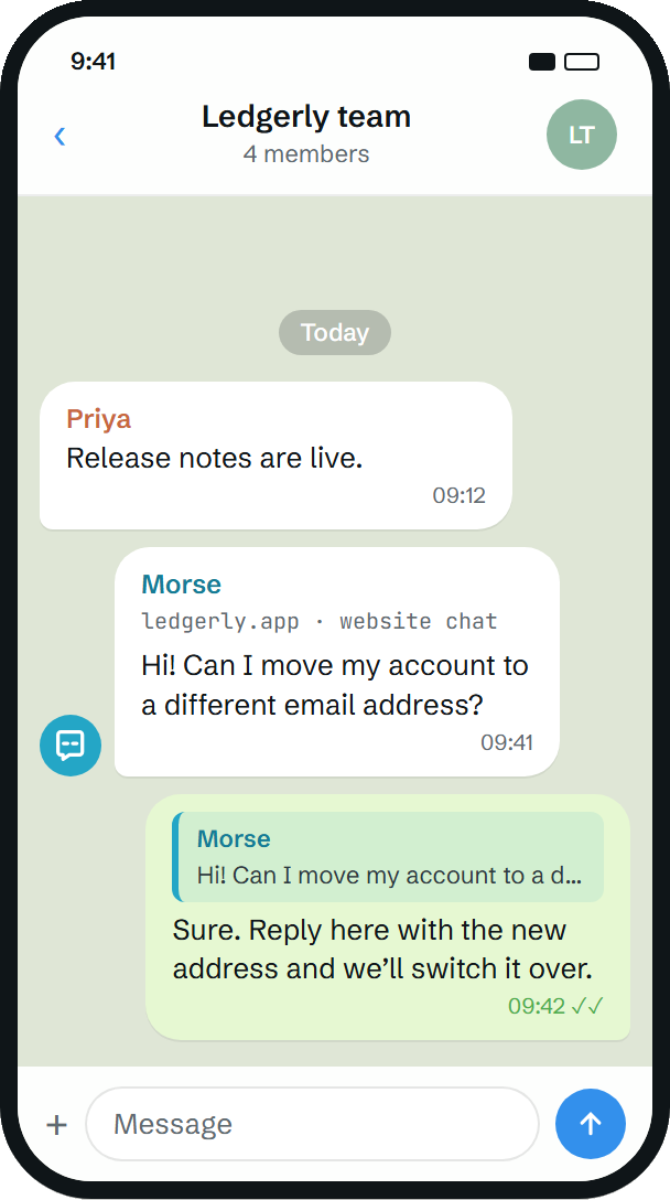 Illustration of a Telegram group where the website question arrives and a team member replies.