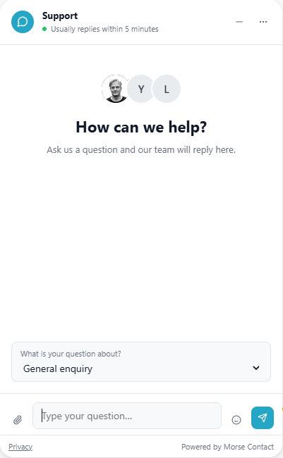 The Morse chat widget on a website, ready for a question.